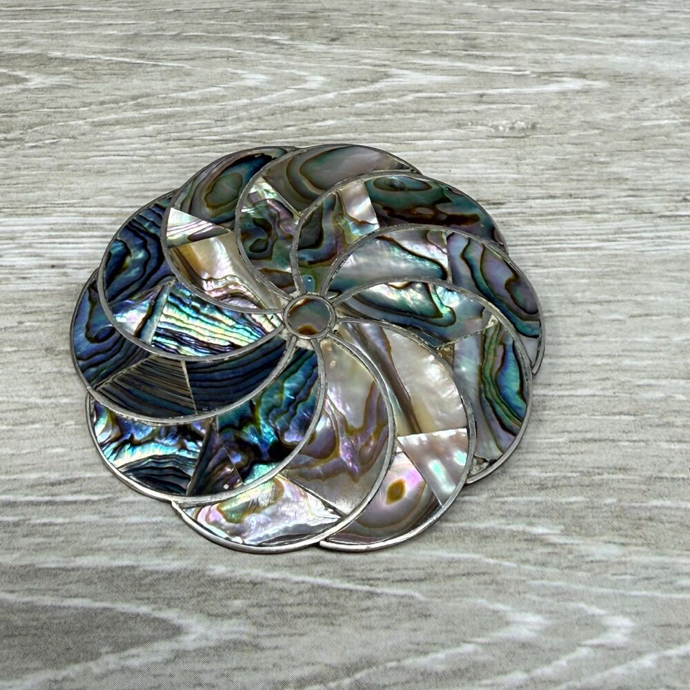 Vintage Alpaca Mexico Silver Inlaid Abalone Flower Brooch Pendant - Picture 9 of 9